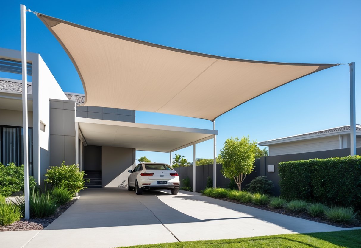 14+ Shade Sail Ideas to Transform Your Backyard This Summer 11 A modern carport with a stretched fabric shade sail providing shade over a parked car next to a contemporary house.