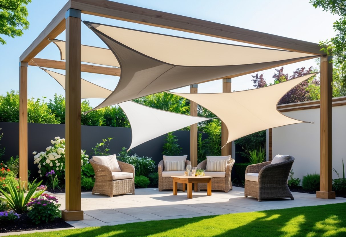 14+ Shade Sail Ideas to Transform Your Backyard This Summer 12 A garden pergola with multiple shade sails providing shade over an outdoor seating area surrounded by plants and greenery.