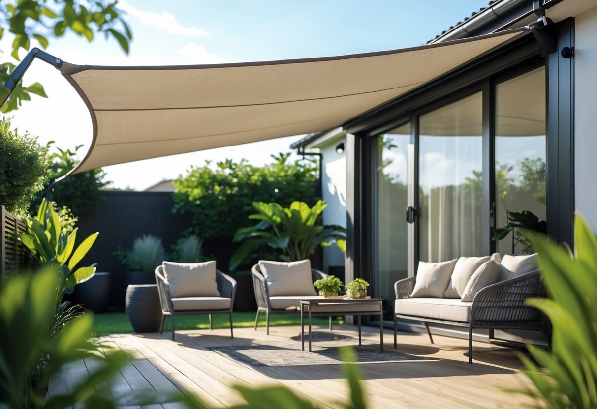 14+ Shade Sail Ideas to Transform Your Backyard This Summer 13 Outdoor patio with a partially extended retractable shade sail over comfortable seating and greenery.