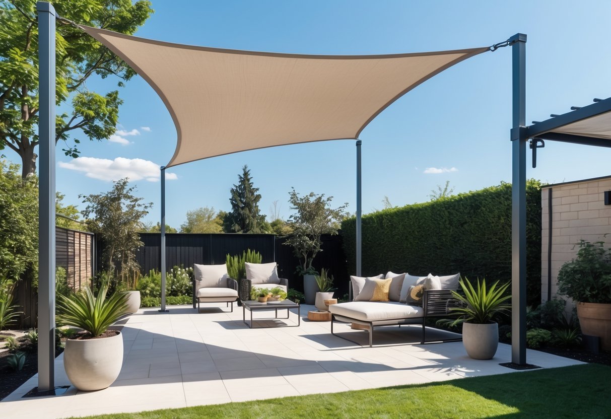 14+ Shade Sail Ideas to Transform Your Backyard This Summer 14 An outdoor patio area shaded by a portable triangular fabric shade sail anchored to poles and trees on a sunny day.