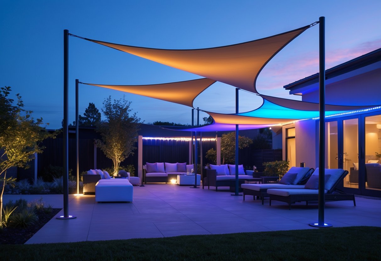 14+ Shade Sail Ideas to Transform Your Backyard This Summer 15 An outdoor patio area with fabric shade sails lit by colorful LED lights at dusk, featuring outdoor furniture and surrounding greenery.
