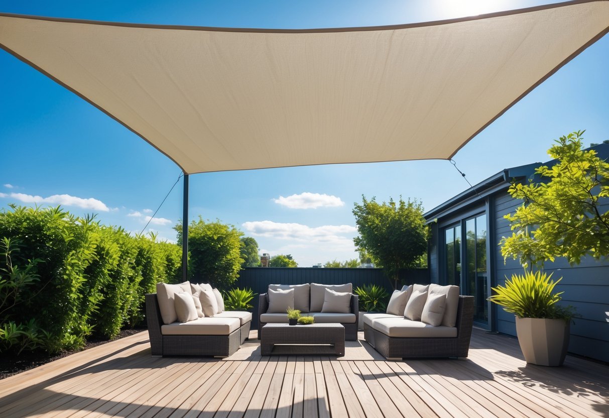 14+ Shade Sail Ideas to Transform Your Backyard This Summer 16 Outdoor patio with a large waterproof shade sail stretched over seating area surrounded by plants under clear sky.