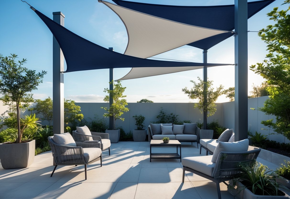 14+ Shade Sail Ideas to Transform Your Backyard This Summer 17 Outdoor patio with overlapping dual-tone triangular shade sails in navy blue and light gray above seating area surrounded by plants.