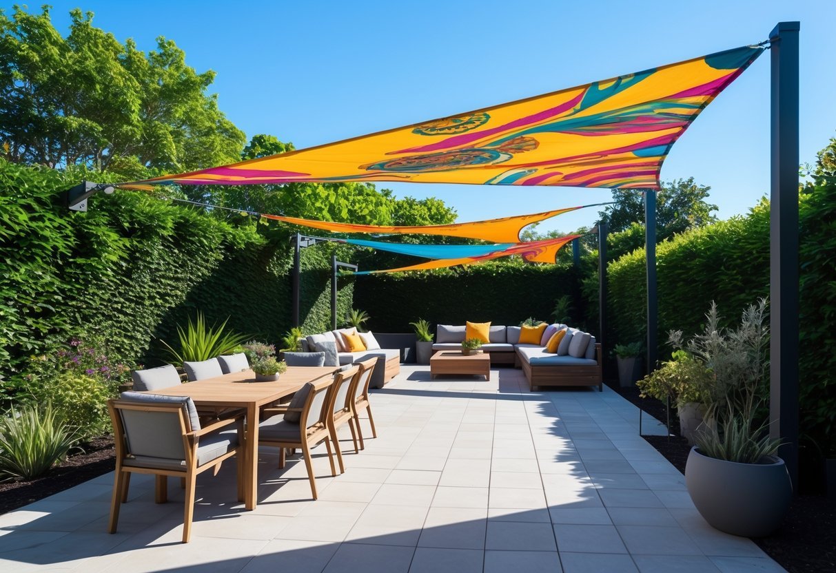 14+ Shade Sail Ideas to Transform Your Backyard This Summer 18 Outdoor patio with colorful custom-printed shade sails stretched above seating area surrounded by plants.