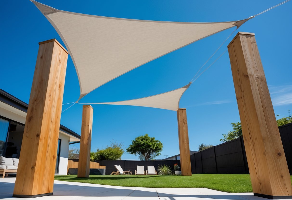 14+ Shade Sail Ideas to Transform Your Backyard This Summer 19 Outdoor shade sail supported by three wooden posts over a grassy area with trees in the background.