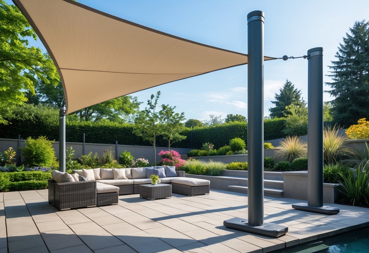 14+ Shade Sail Ideas to Transform Your Backyard This Summer 21 Outdoor patio with a freestanding triangular shade sail providing shade over a seating area surrounded by greenery.