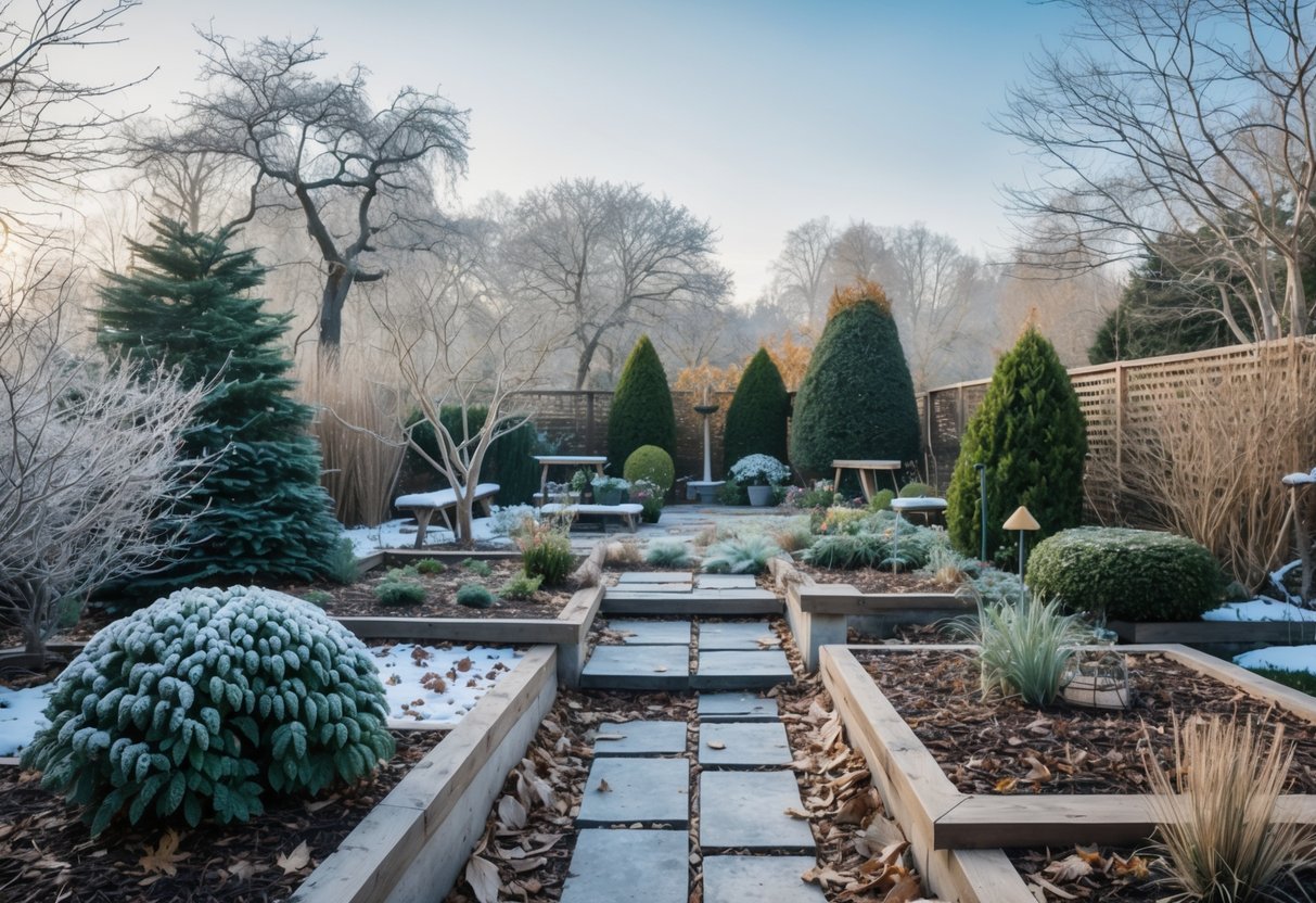 28+ Cold Climate Garden Ideas: Proven Tips for Thriving Gardens in Harsh US Winters 2 A cold climate garden with frost-covered evergreens, bare trees, stone pathways, and patches of snow under a clear sky.