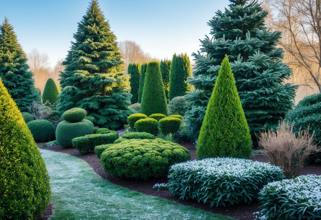 28+ Cold Climate Garden Ideas: Proven Tips for Thriving Gardens in Harsh US Winters 3 A cold climate garden with various evergreen shrubs and trees covered lightly with frost or snow under a clear blue sky.