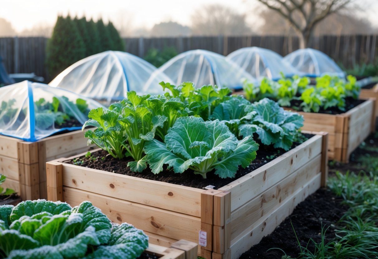 28+ Cold Climate Garden Ideas: Proven Tips for Thriving Gardens in Harsh US Winters 4 Raised wooden garden beds with cold-weather vegetables and protective covers in a backyard garden on a crisp morning.