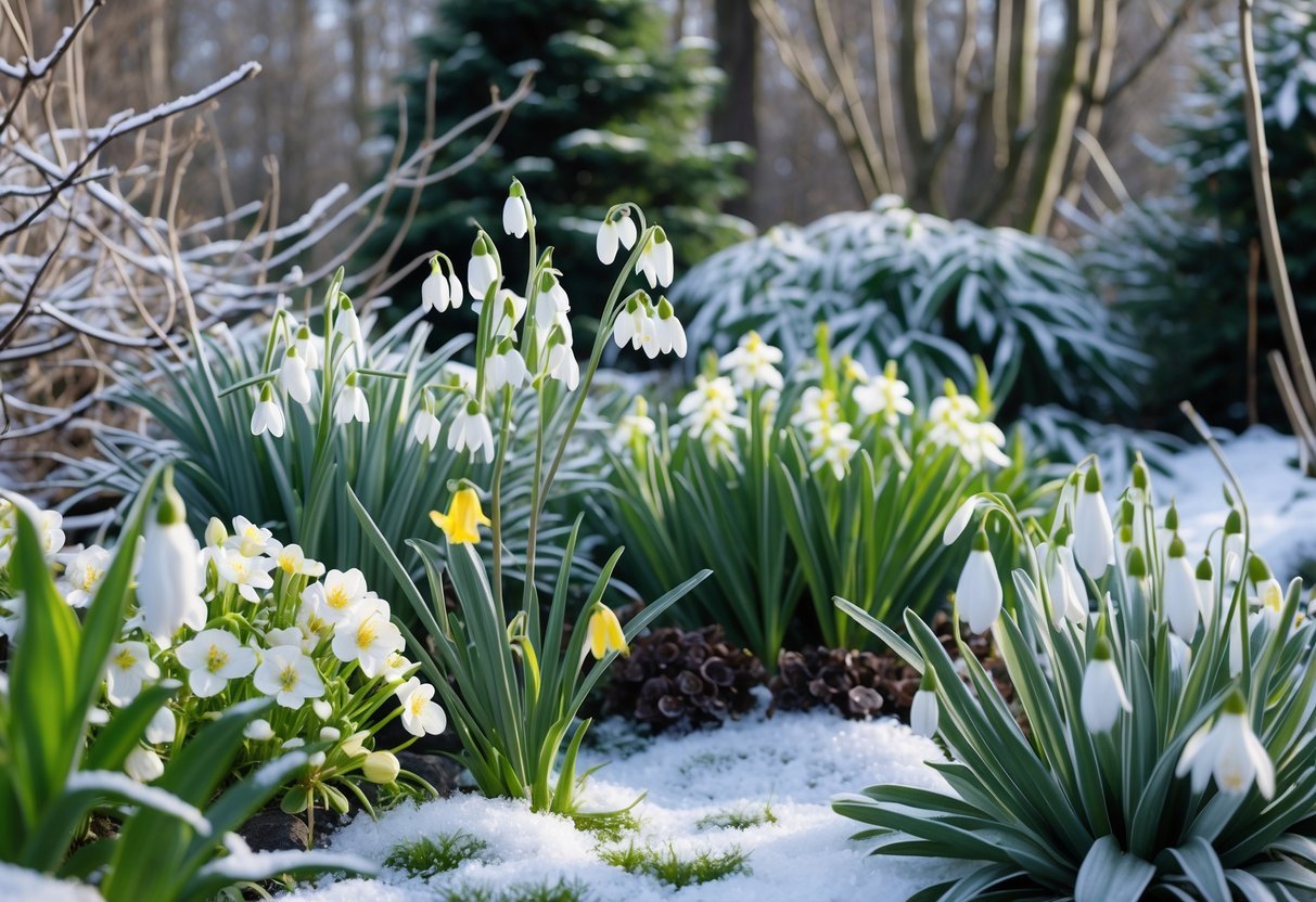 28+ Cold Climate Garden Ideas: Proven Tips for Thriving Gardens in Harsh US Winters 5 A cold climate garden with winter-flowering plants like snowdrops and hellebores blooming among frosty green leaves and light snow.