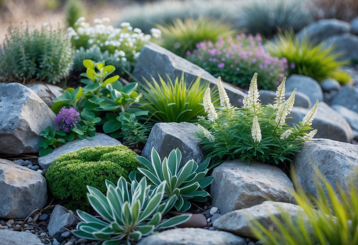 28+ Cold Climate Garden Ideas: Proven Tips for Thriving Gardens in Harsh US Winters 6 A rock garden with various alpine plants and natural stones in a cold climate setting.