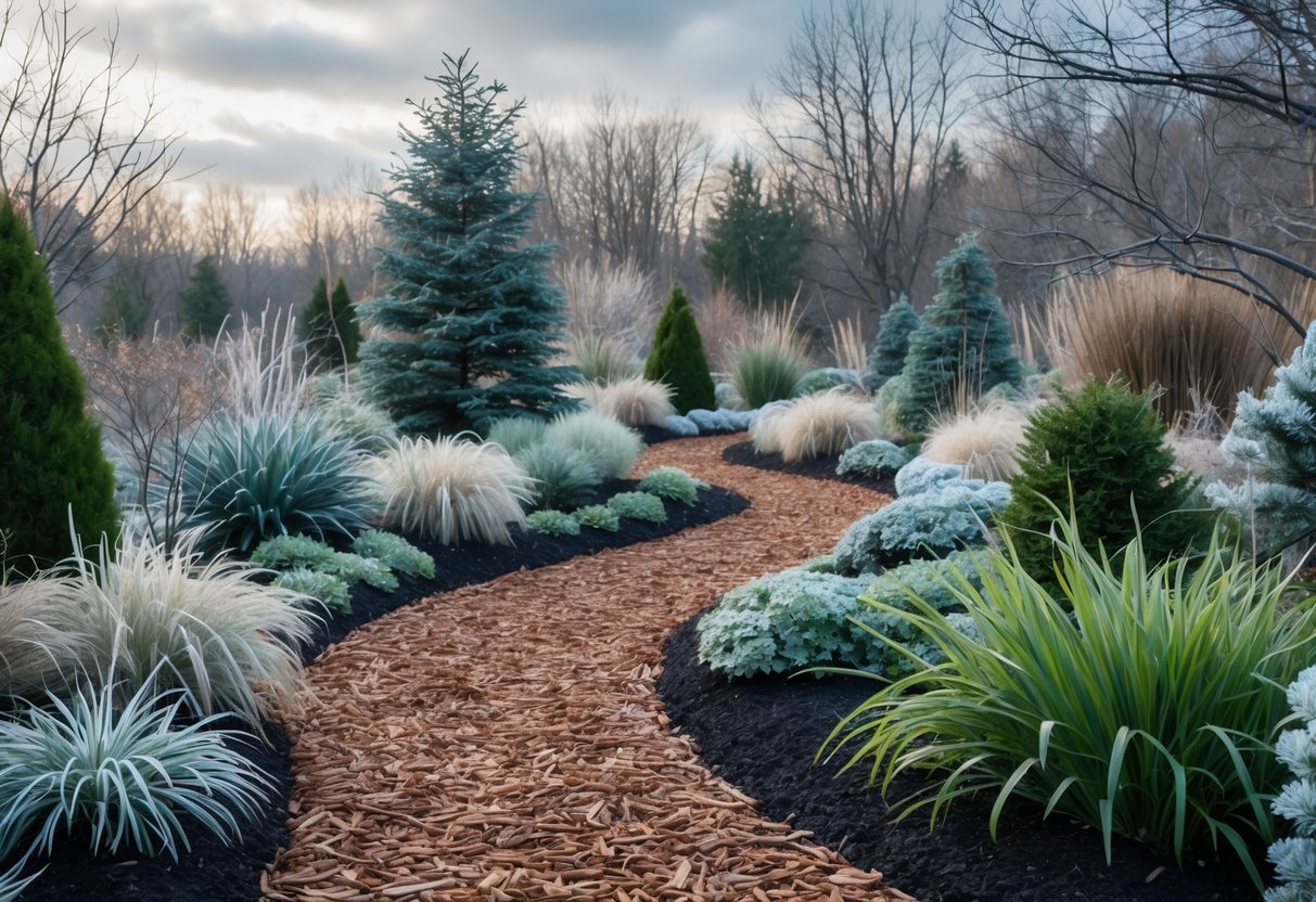 28+ Cold Climate Garden Ideas: Proven Tips for Thriving Gardens in Harsh US Winters 7 Mulched pathways winding through a cold climate garden with evergreen shrubs, ornamental grasses, and frost-covered plants under a cloudy sky.