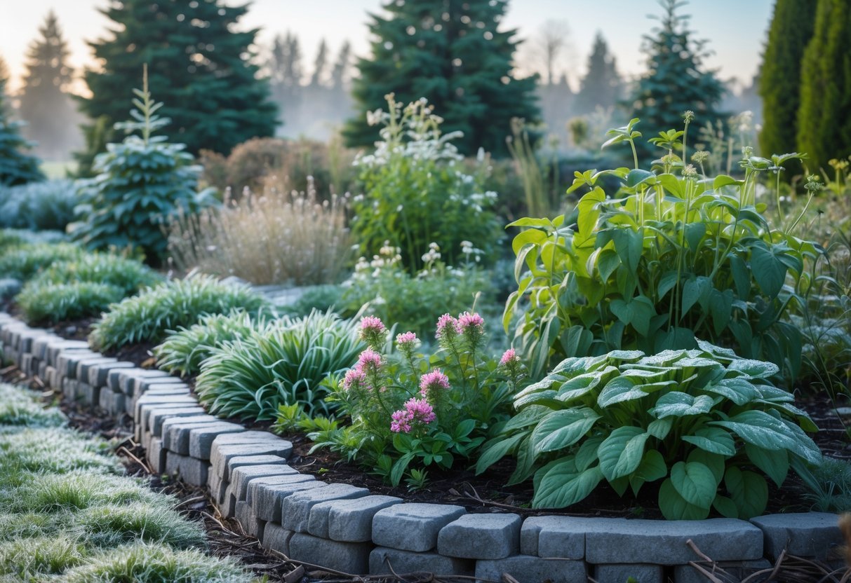 28+ Cold Climate Garden Ideas: Proven Tips for Thriving Gardens in Harsh US Winters 8 A cold climate garden with frost-covered hardy flowering plants and green shrubs in a natural outdoor setting.