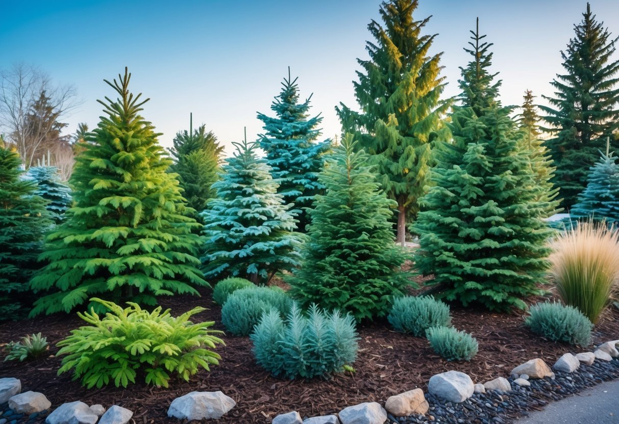 28+ Cold Climate Garden Ideas: Proven Tips for Thriving Gardens in Harsh US Winters 9 A cold climate garden with various green conifer trees and shrubs arranged in a neat outdoor setting under a clear sky.