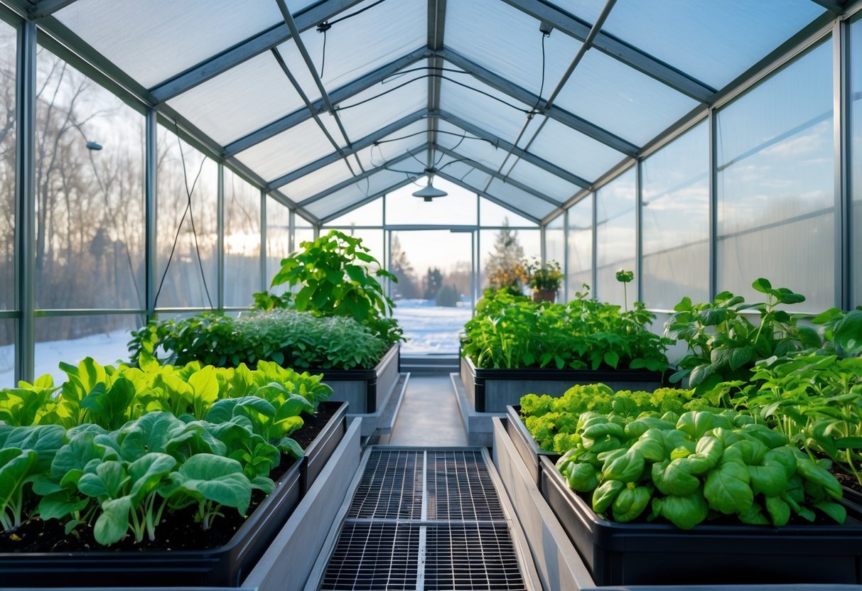 28+ Cold Climate Garden Ideas: Proven Tips for Thriving Gardens in Harsh US Winters 10 A heated greenhouse filled with green plants and vegetables, surrounded by snowy outdoor scenery.