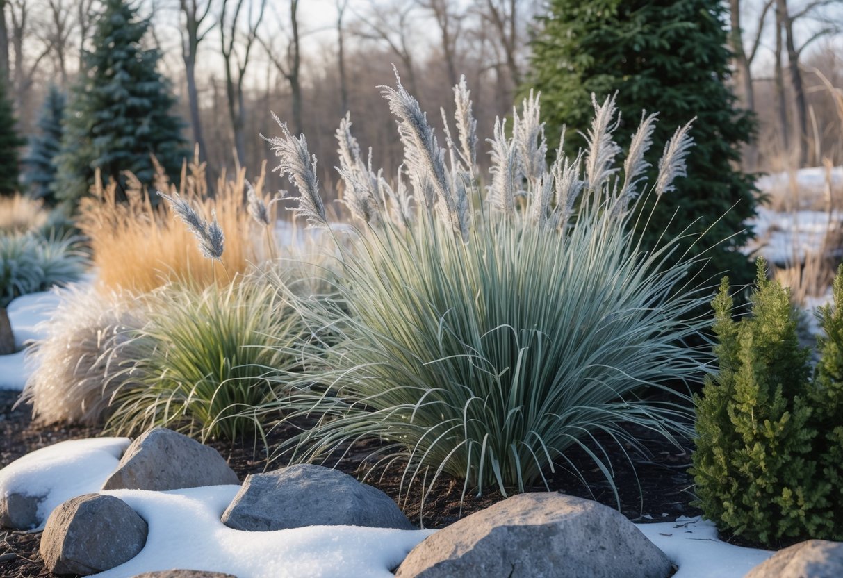28+ Cold Climate Garden Ideas: Proven Tips for Thriving Gardens in Harsh US Winters 12 A cold climate garden with decorative grasses covered lightly in frost and surrounded by rocks and evergreen shrubs.
