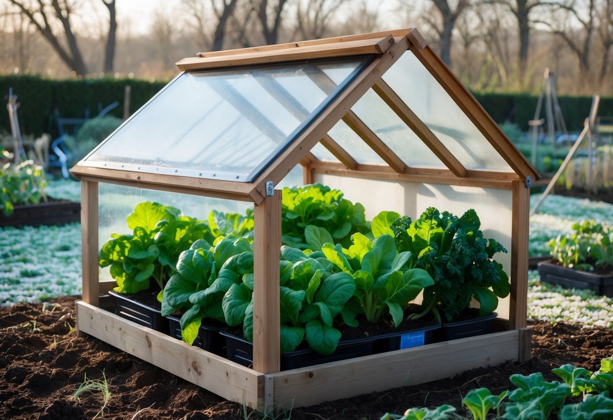 28+ Cold Climate Garden Ideas: Proven Tips for Thriving Gardens in Harsh US Winters 14 A wooden cold frame with leafy vegetables growing inside, set outdoors on frost-covered soil with bare trees in the background.