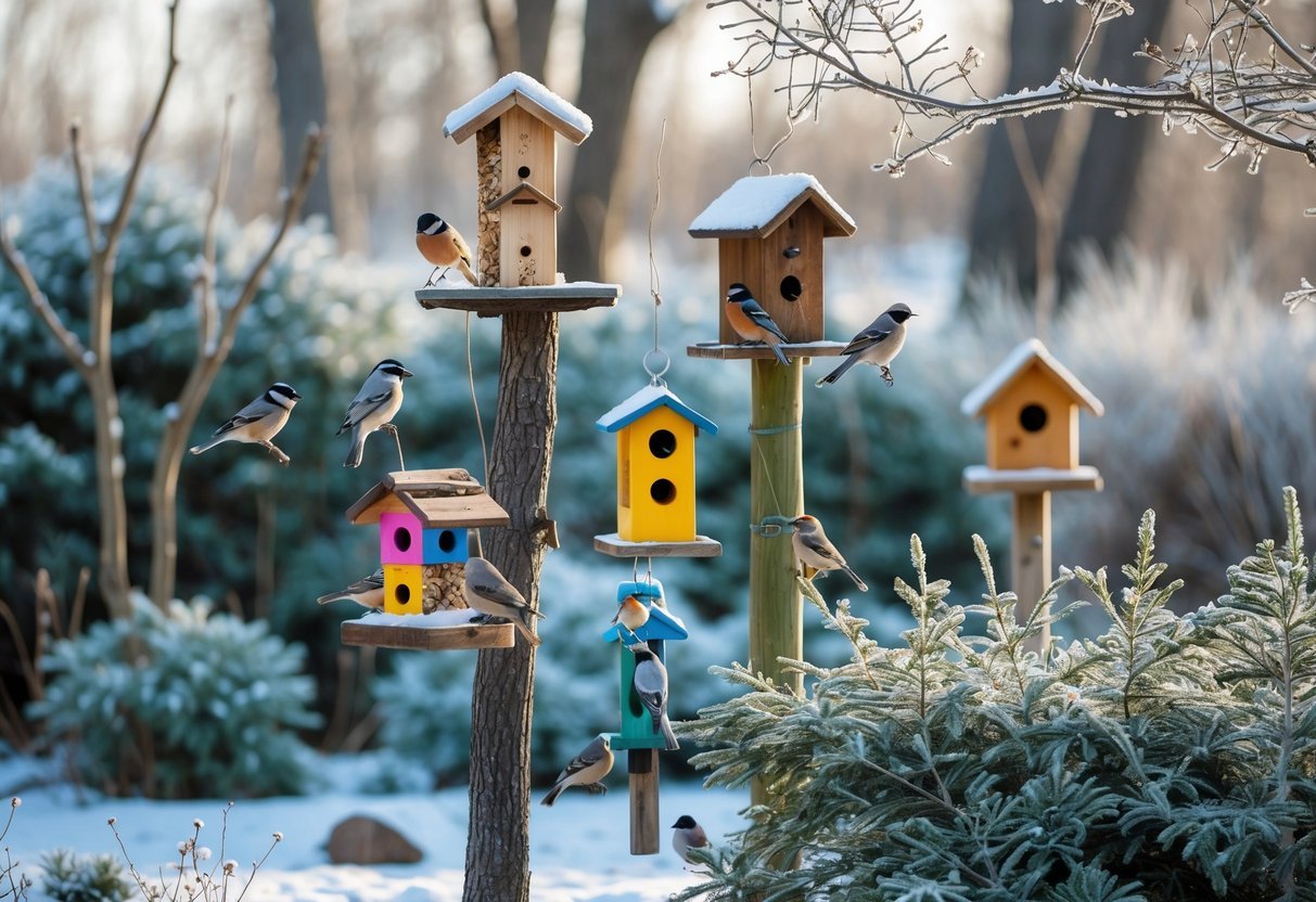28+ Cold Climate Garden Ideas: Proven Tips for Thriving Gardens in Harsh US Winters 15 A snowy garden with wooden birdhouses and feeders attracting small winter birds among frosty plants and bare branches.
