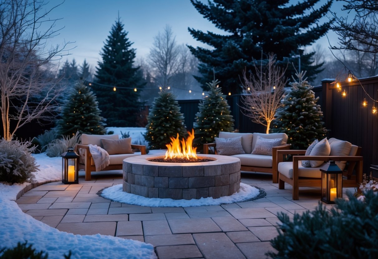 28+ Cold Climate Garden Ideas: Proven Tips for Thriving Gardens in Harsh US Winters 16 An outdoor fire pit area in a snowy garden with stone seating, warm flames, and surrounding evergreen trees.