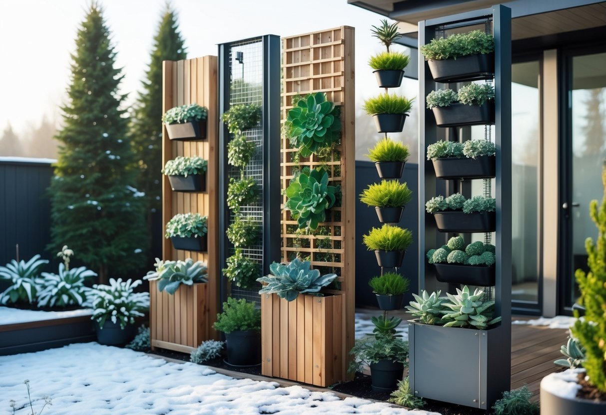 28+ Cold Climate Garden Ideas: Proven Tips for Thriving Gardens in Harsh US Winters 17 Vertical garden structures with cold-hardy plants in a snowy outdoor patio setting.