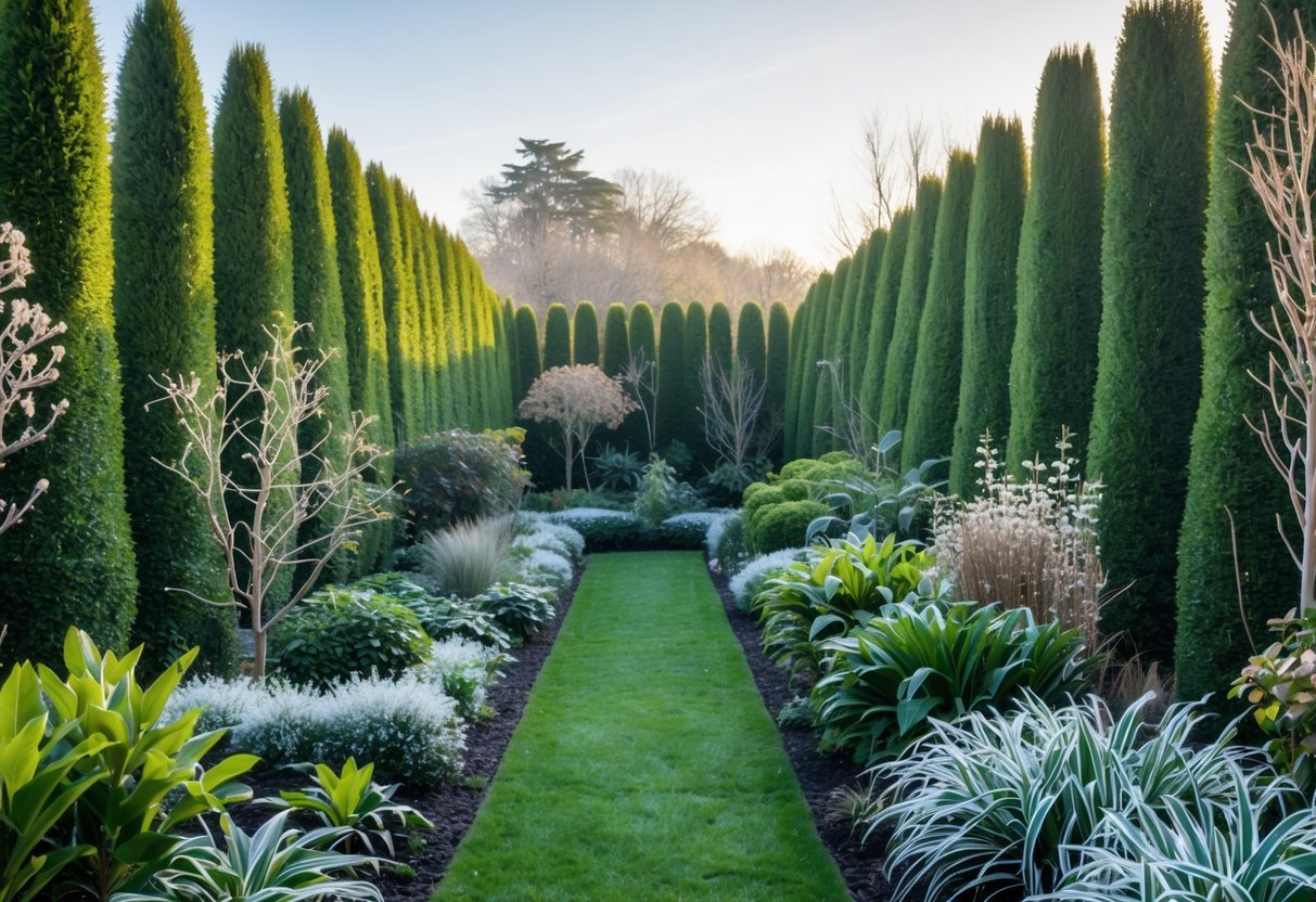 28+ Cold Climate Garden Ideas: Proven Tips for Thriving Gardens in Harsh US Winters 18 A garden with tall, dense windbreak hedges and frost-covered plants in a cold climate setting.