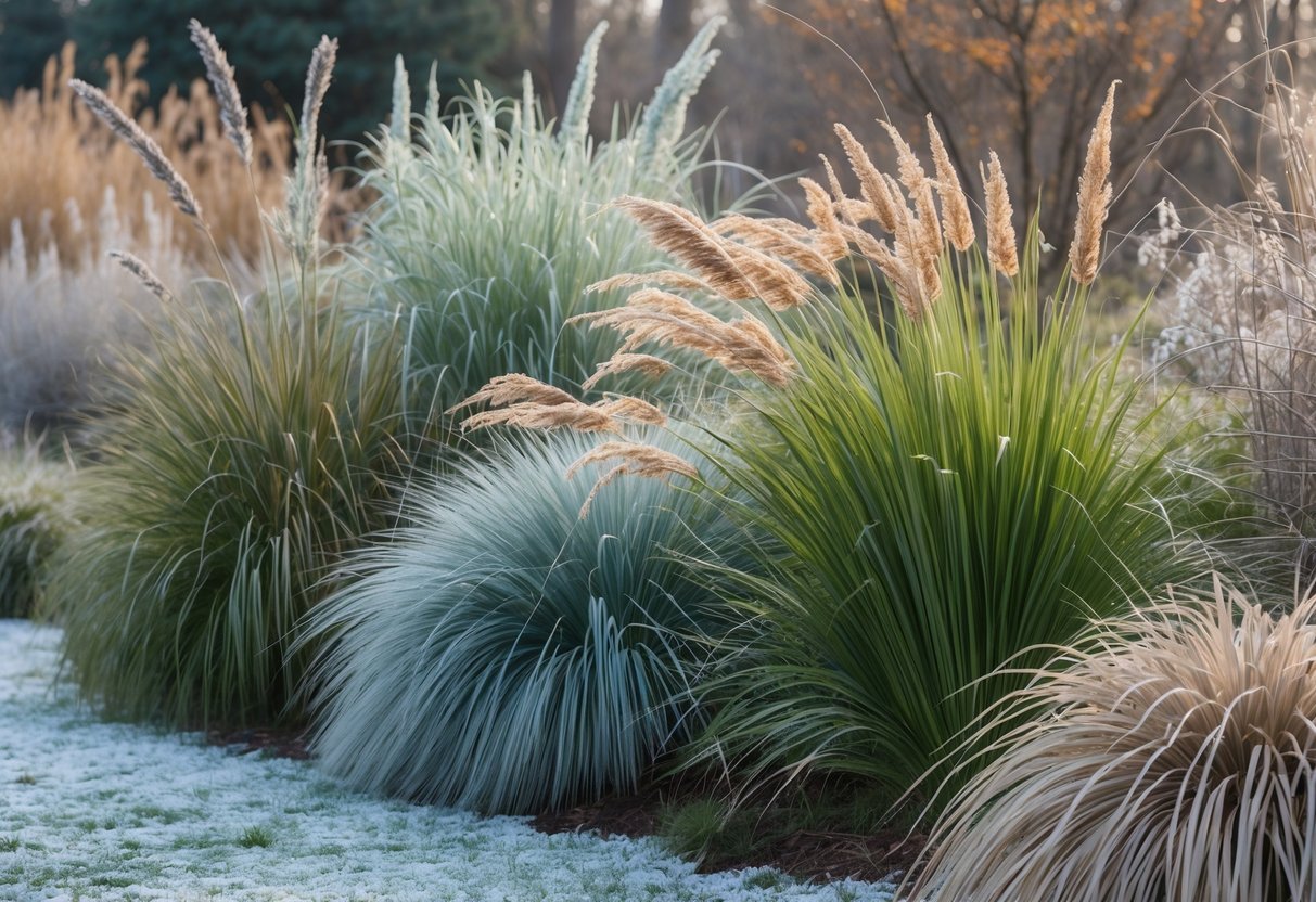 28+ Cold Climate Garden Ideas: Proven Tips for Thriving Gardens in Harsh US Winters 19 A garden with various ornamental grasses and sedges in a cold climate, showing green and golden plants with frosty ground.
