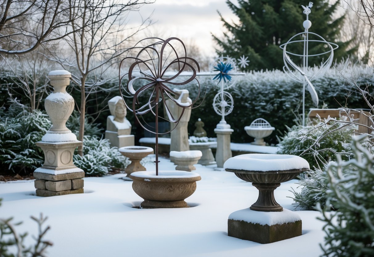 28+ Cold Climate Garden Ideas: Proven Tips for Thriving Gardens in Harsh US Winters 20 Snow-covered garden with various sculptures and plants in a cold winter setting.