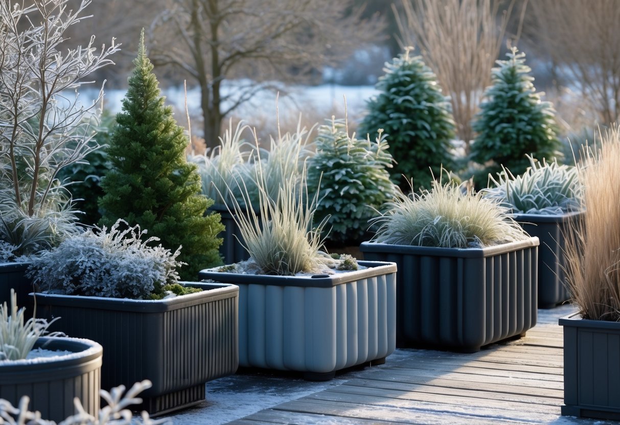 28+ Cold Climate Garden Ideas: Proven Tips for Thriving Gardens in Harsh US Winters 21 A cold climate garden with insulated planters containing hardy winter plants on a frosty wooden deck surrounded by snow and bare trees.