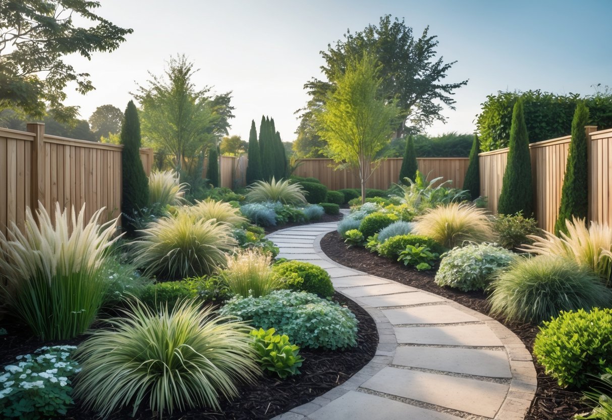 29+ Garden Ideas for Windy Areas: Expert Tips to Protect and Beautify Your US Yard 2 A garden with wind-resistant plants, stone pathway, and wooden windbreaks under a clear sky.