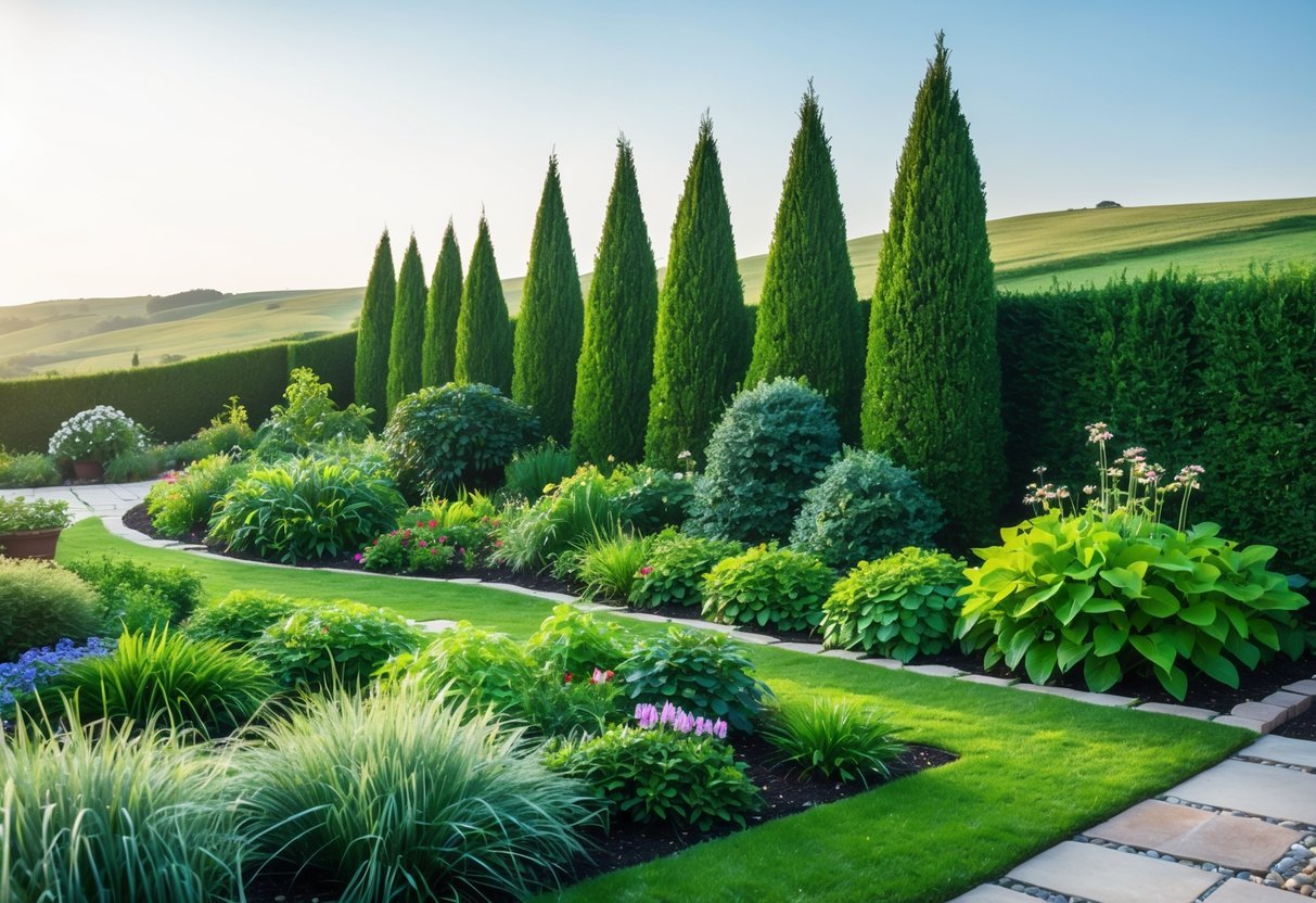 29+ Garden Ideas for Windy Areas: Expert Tips to Protect and Beautify Your US Yard 3 A garden protected by tall, dense hedges with green plants and flowers behind them on a clear day.
