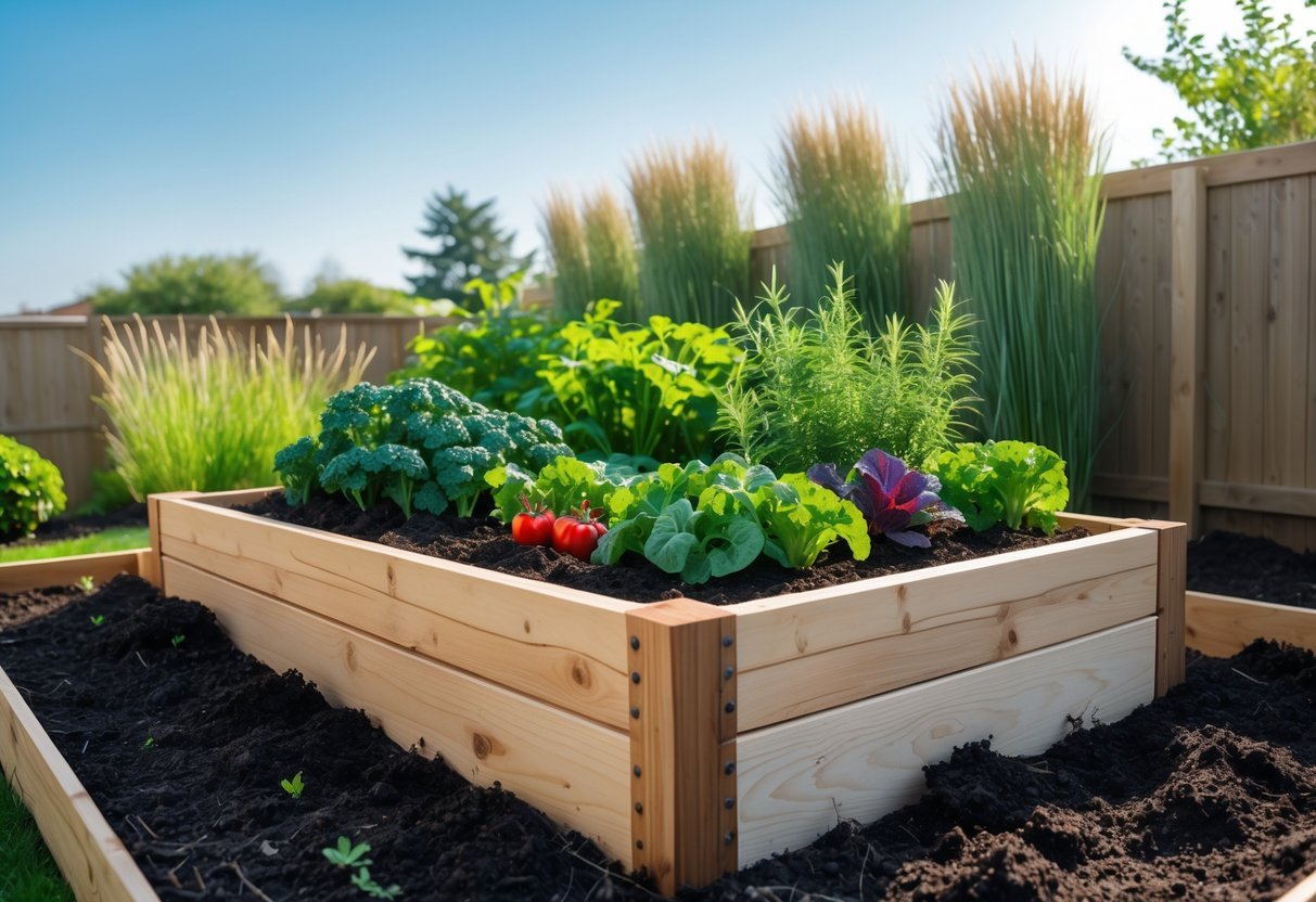 29+ Garden Ideas for Windy Areas: Expert Tips to Protect and Beautify Your US Yard 4 Raised wooden garden bed with healthy plants and surrounding windbreaks in a sunny backyard garden.