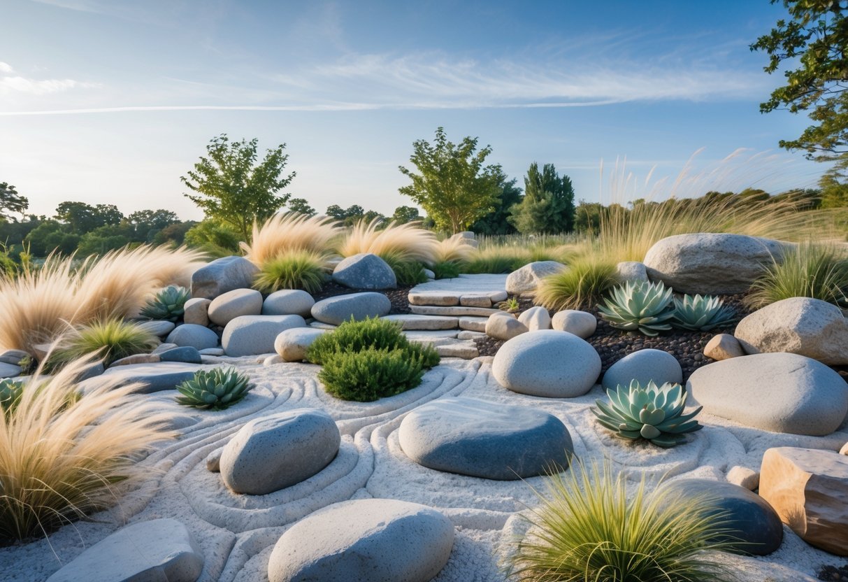 29+ Garden Ideas for Windy Areas: Expert Tips to Protect and Beautify Your US Yard 5 A rock garden with various stones and wind-resistant plants gently swaying in the breeze under a clear sky.