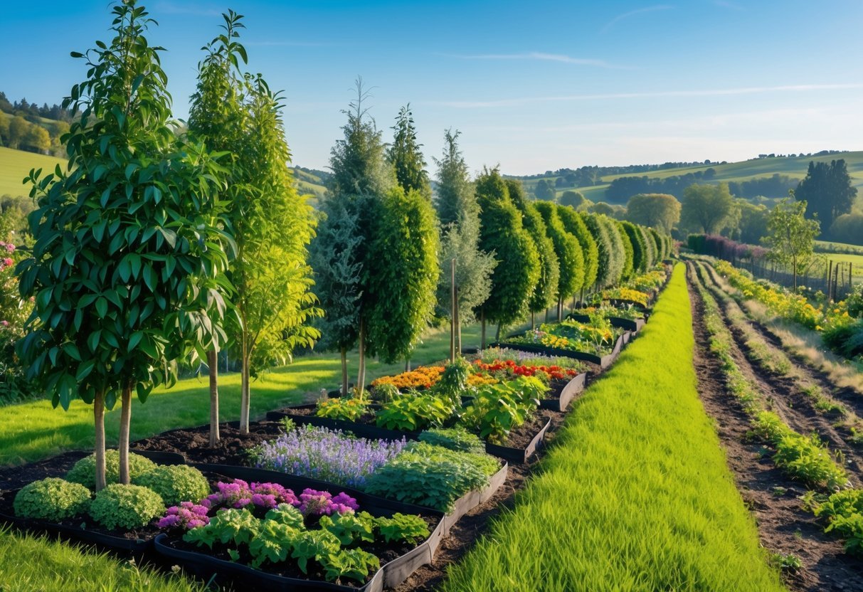 29+ Garden Ideas for Windy Areas: Expert Tips to Protect and Beautify Your US Yard 7 A garden with multiple rows of trees and shrubs forming a dense windbreak protecting flower beds and vegetable patches on a sunny day.
