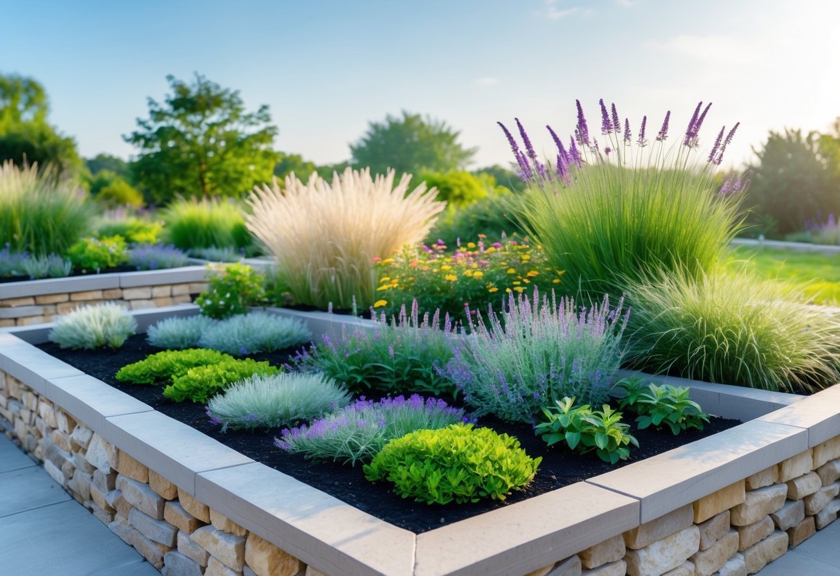 29+ Garden Ideas for Windy Areas: Expert Tips to Protect and Beautify Your US Yard 8 A sunken garden bed with wind-resistant plants surrounded by stone walls in an open outdoor space under a clear sky.
