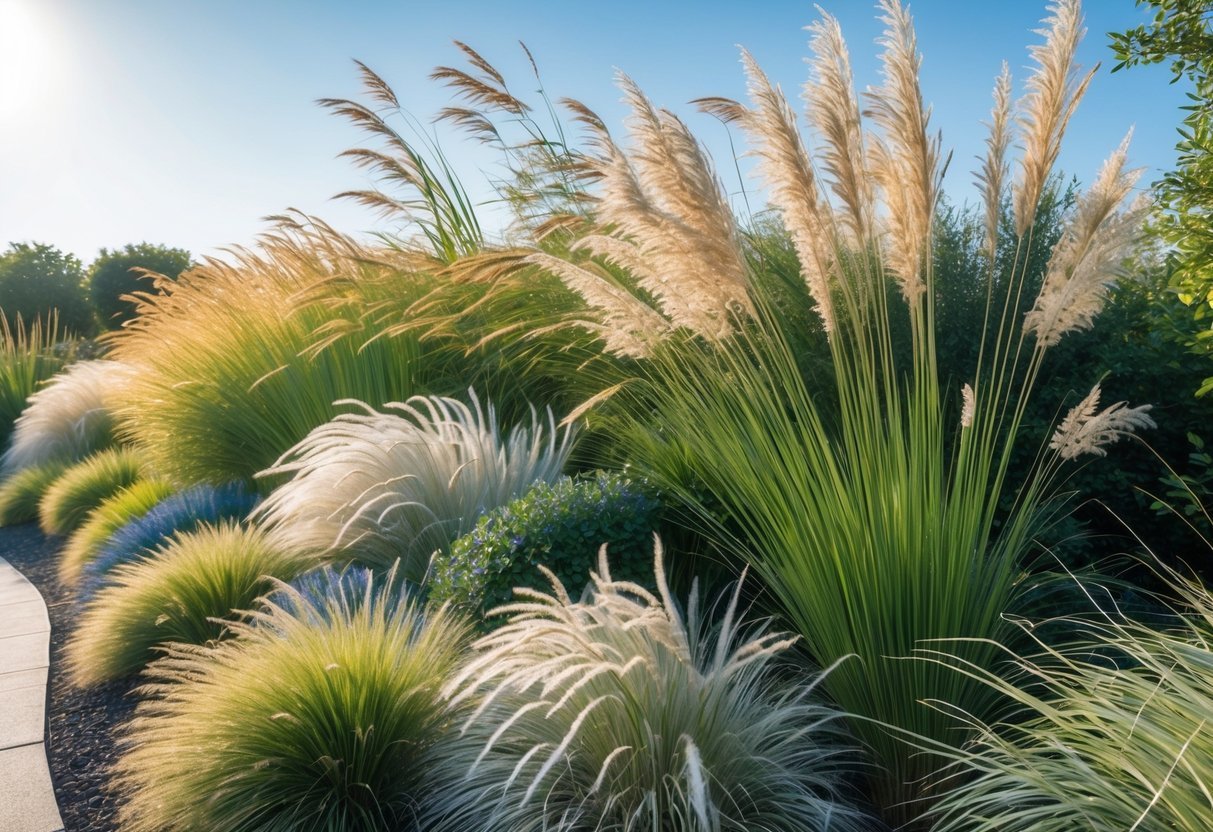 29+ Garden Ideas for Windy Areas: Expert Tips to Protect and Beautify Your US Yard 9 A garden with various ornamental grasses gently swaying in the wind under a clear blue sky.