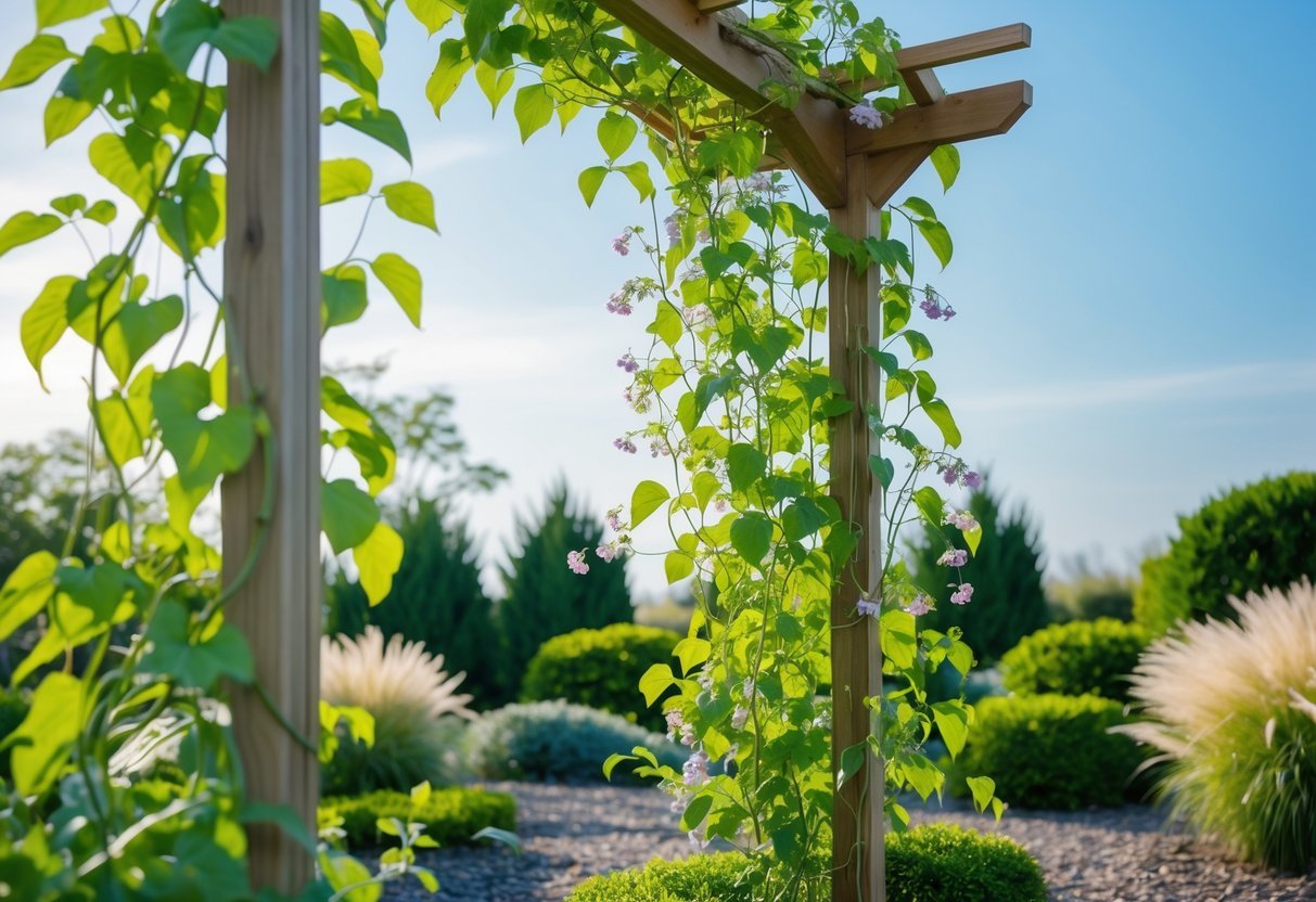 29+ Garden Ideas for Windy Areas: Expert Tips to Protect and Beautify Your US Yard 10 A wooden trellis with climbing plants in a garden with wind-resistant shrubs and grasses under a clear sky.