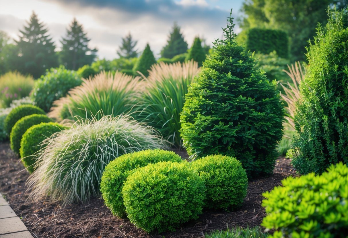 29+ Garden Ideas for Windy Areas: Expert Tips to Protect and Beautify Your US Yard 11 A garden with dense, wind-tolerant shrubs arranged along a border under a partly cloudy sky.