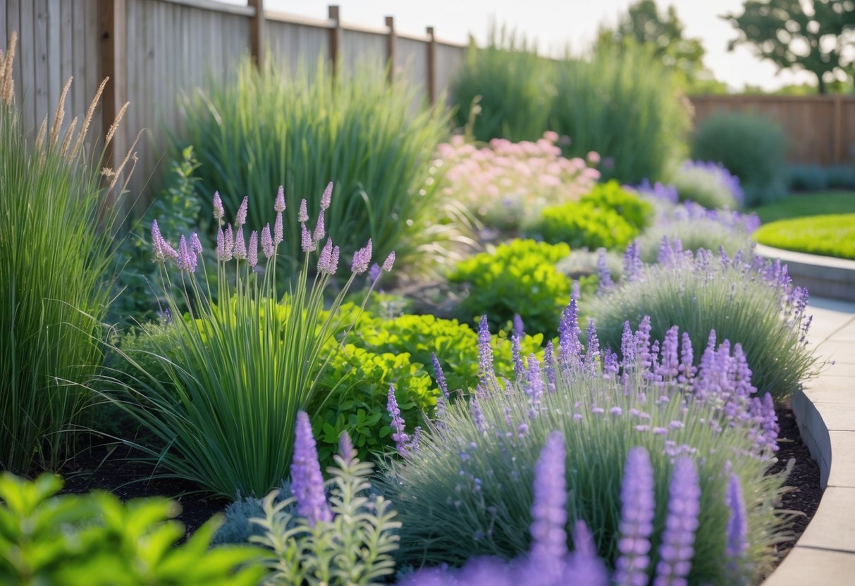 29+ Garden Ideas for Windy Areas: Expert Tips to Protect and Beautify Your US Yard 12 A colorful garden border with hardy perennial plants like grasses and flowers bending slightly in the wind along a curved pathway on a sunny day.