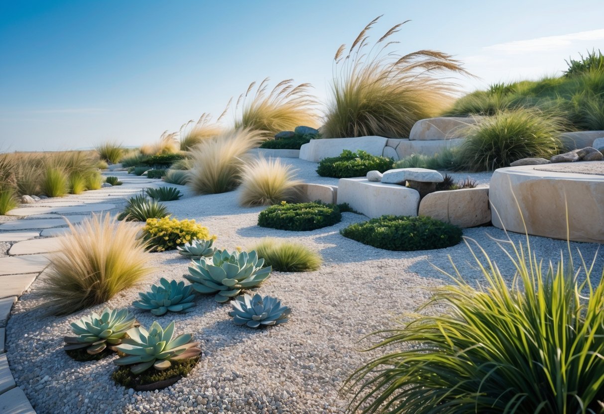 29+ Garden Ideas for Windy Areas: Expert Tips to Protect and Beautify Your US Yard 13 A gravel garden with wind-resistant plants and stone pathways under a clear sky.