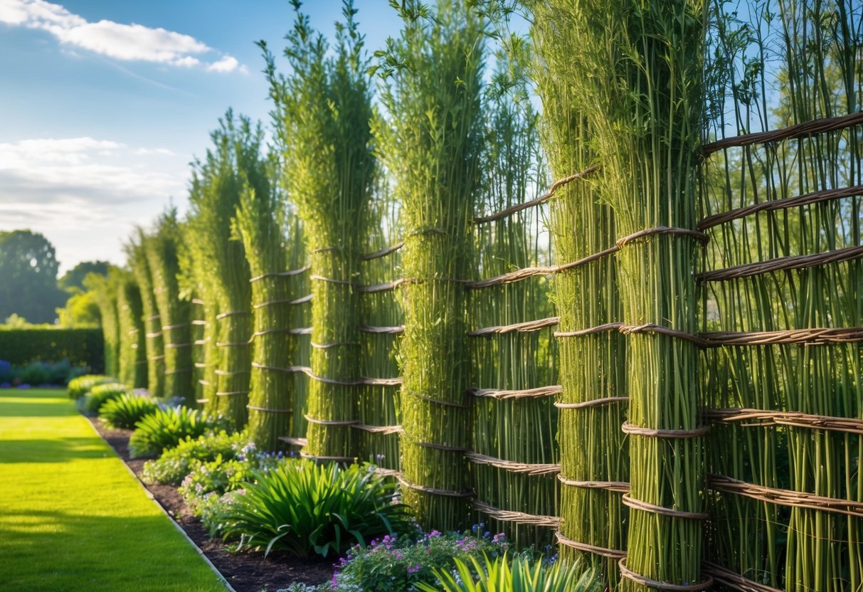 29+ Garden Ideas for Windy Areas: Expert Tips to Protect and Beautify Your US Yard 14 A garden with green living willow fences gently swaying in the wind surrounded by plants and flowers under a blue sky.