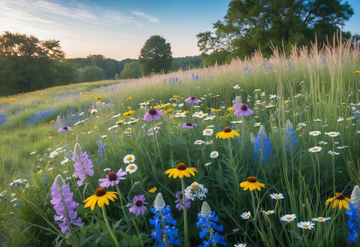 29+ Garden Ideas for Windy Areas: Expert Tips to Protect and Beautify Your US Yard 16 A colorful wildflower meadow with various flowers and tall grasses gently bending in the wind under a clear blue sky.