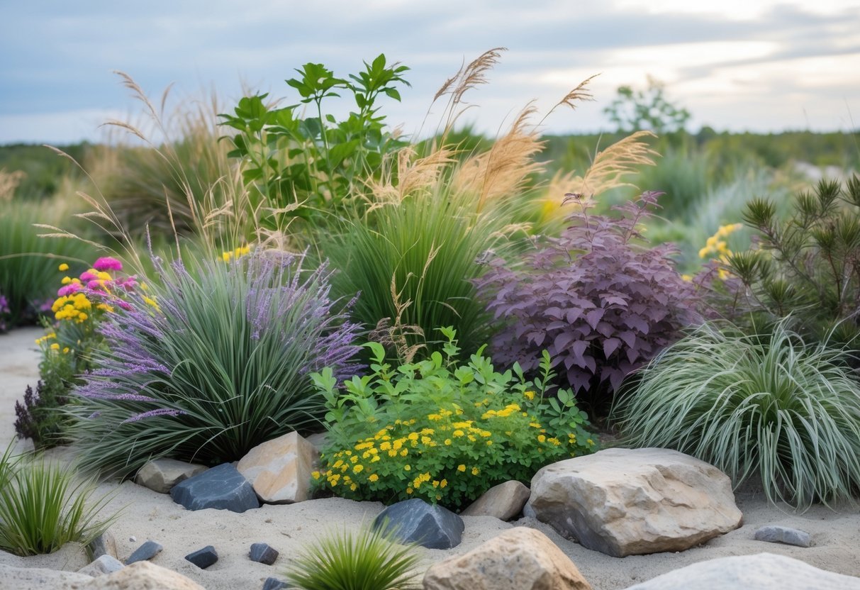 29+ Garden Ideas for Windy Areas: Expert Tips to Protect and Beautify Your US Yard 17 A native plant garden with hardy grasses and shrubs gently swaying in the wind under a cloudy sky.