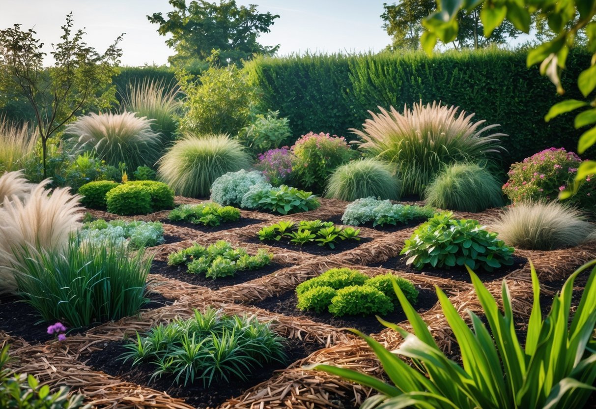 29+ Garden Ideas for Windy Areas: Expert Tips to Protect and Beautify Your US Yard 18 A garden with sixteen mulched planting zones containing various hardy plants and grasses designed for windy conditions.