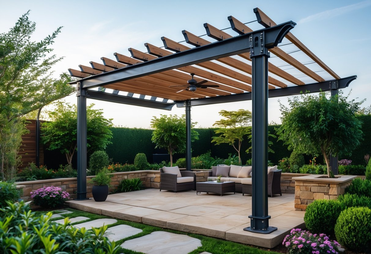 29+ Garden Ideas for Windy Areas: Expert Tips to Protect and Beautify Your US Yard 19 A sturdy pergola in a garden with green plants and outdoor seating, designed to withstand windy conditions.