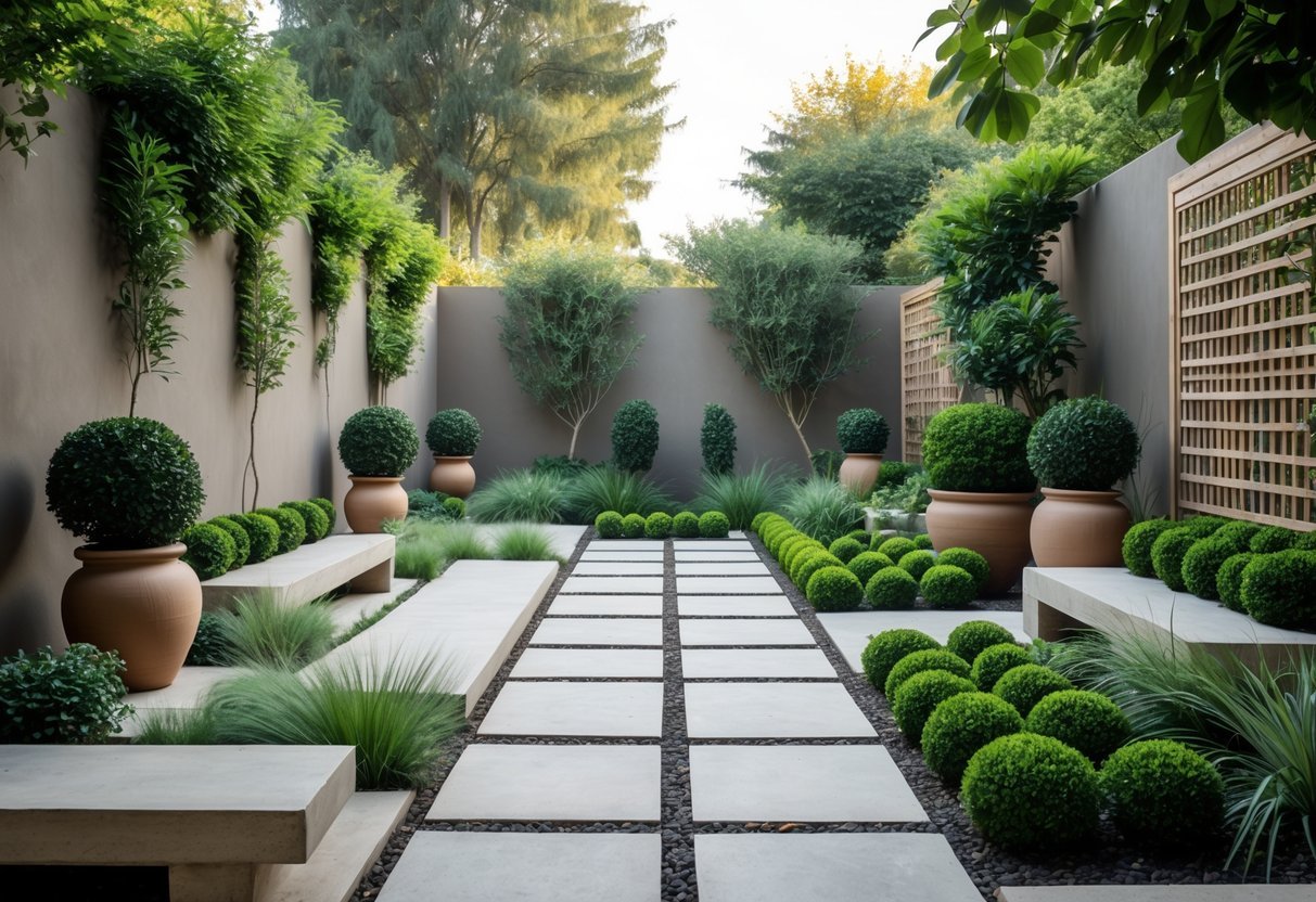 29+ Garden Ideas for Windy Areas: Expert Tips to Protect and Beautify Your US Yard 20 A courtyard garden with stone paths, sturdy shrubs, evergreen plants, wooden benches, and tall walls providing shelter from the wind.