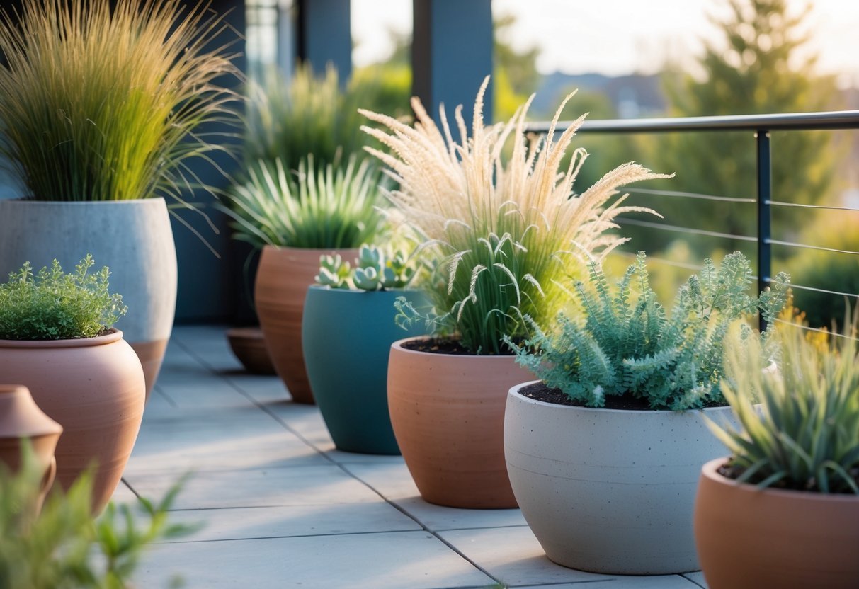 29+ Garden Ideas for Windy Areas: Expert Tips to Protect and Beautify Your US Yard 21 A container garden with heavy pots holding wind-resistant plants on a patio in a windy outdoor setting.
