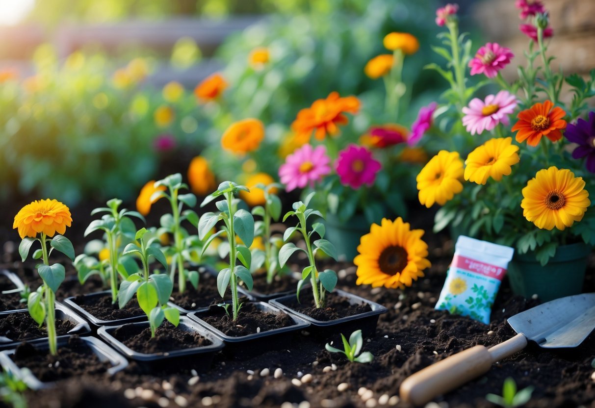 21+ Easy to Grow Flowers from Seeds: Low-Maintenance Varieties Perfect for US Gardeners 2 Young flower seedlings growing in soil with colorful blooming flowers and gardening tools nearby in a garden setting.
