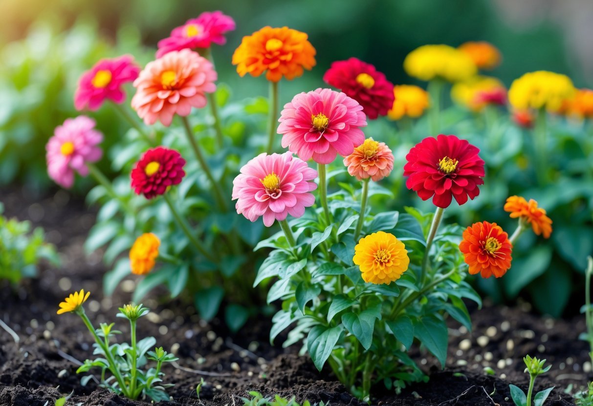 21+ Easy to Grow Flowers from Seeds: Low-Maintenance Varieties Perfect for US Gardeners 3 Close-up of colorful zinnia flowers blooming in a garden with green leaves and sunlight.