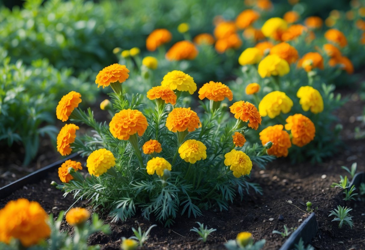 21+ Easy to Grow Flowers from Seeds: Low-Maintenance Varieties Perfect for US Gardeners 4 Bright orange and yellow marigold flowers blooming in a garden bed with green leaves and soil.