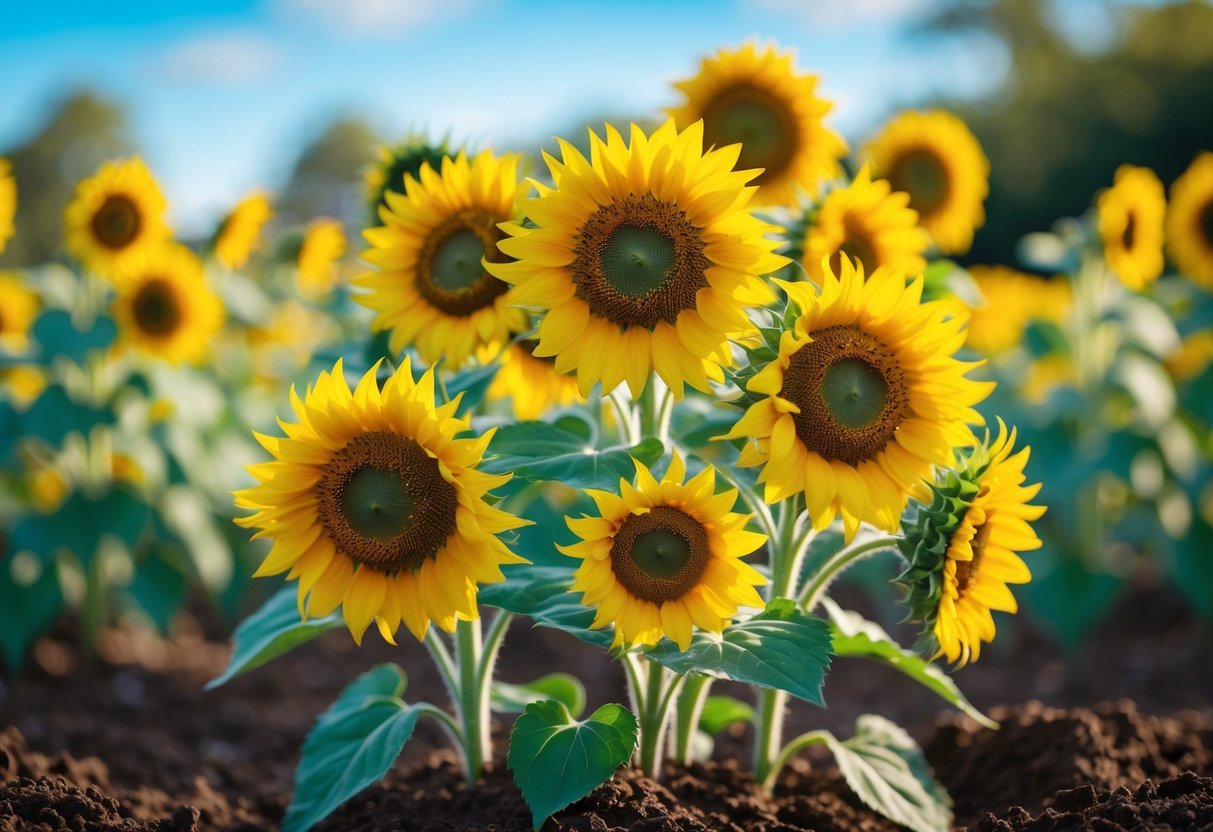 21+ Easy to Grow Flowers from Seeds: Low-Maintenance Varieties Perfect for US Gardeners 5 Bright yellow sunflowers growing in soil outdoors with green foliage and blue sky in the background.